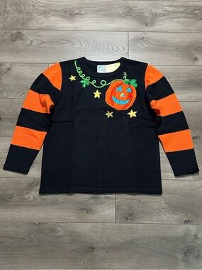 The Quaker Factory Embroidered Fall Pumpkin Halloween Sweater Orange Black Large